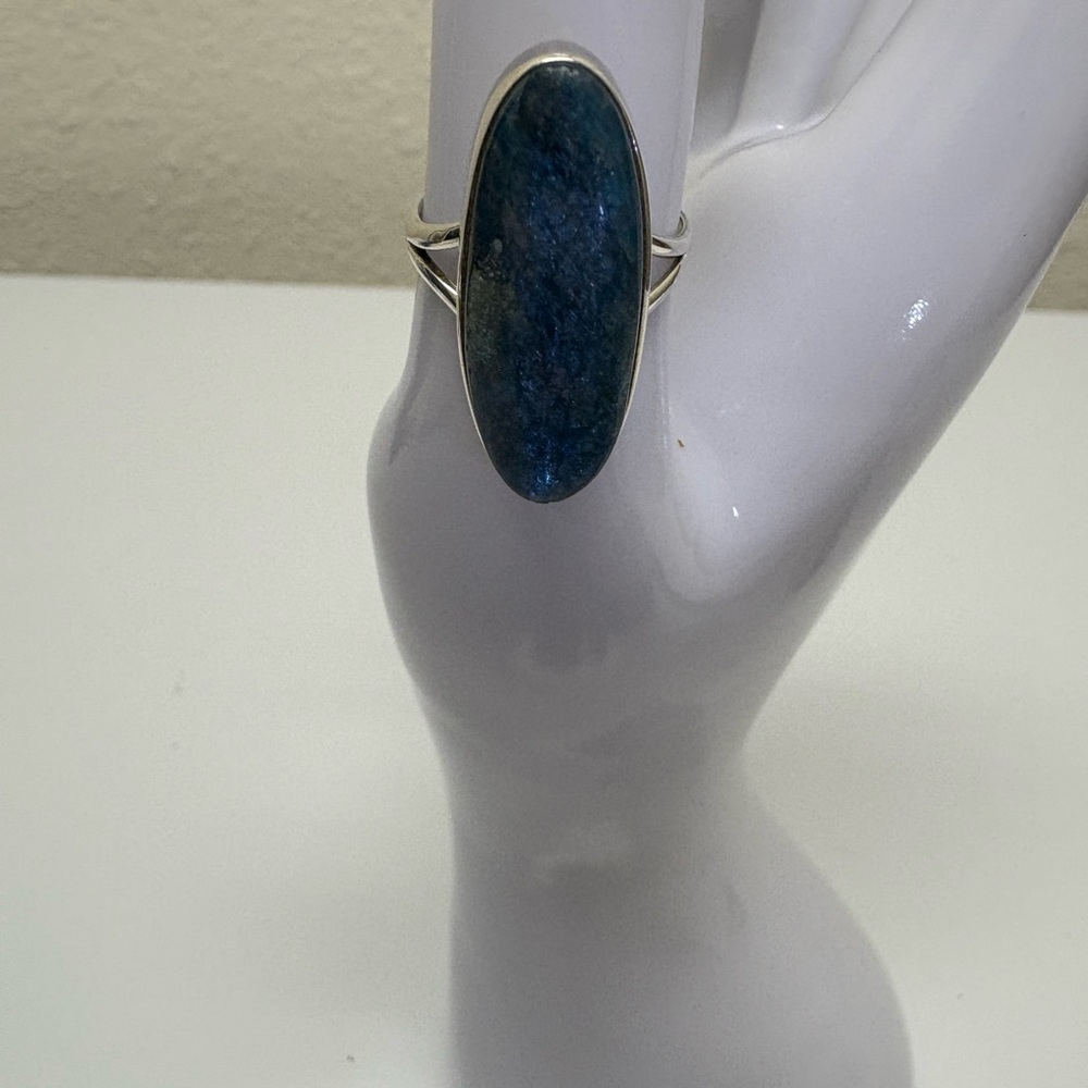 Natural Blue Apatite Oval Elongated Gemstone Silver Ring